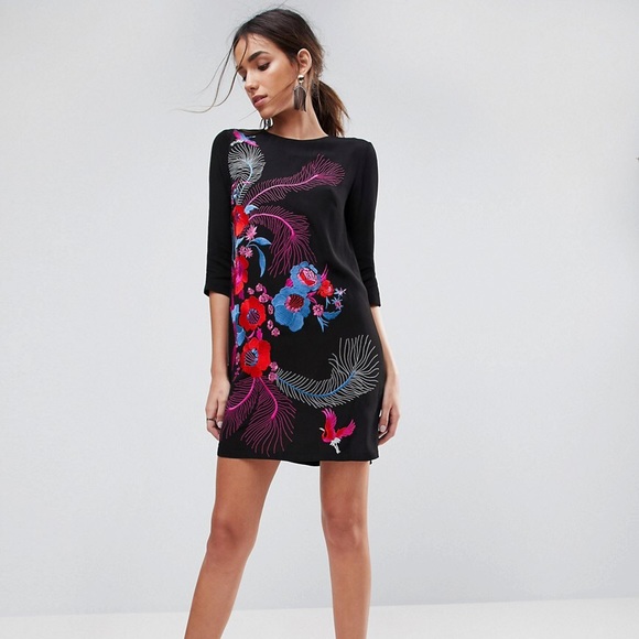 asos premium Dresses & Skirts - ASOS embroidered bird and floral shift dress